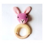 Wooden teething ring 68 mm for baby rattle with crochet amigurumi x2