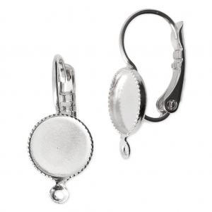 Earwire/leverback with cabochon setting for 8 mm flat back cabochon Rhodium x2