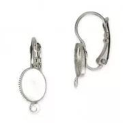 Earwire/leverback with cabochon setting for 8x6 mm flat back cabochon - Rhodium x2