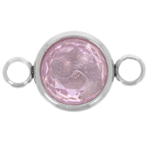 Round stainless steel with faceted glass cabochon 10mm Light Rose x1