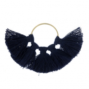 Pendentif éventail avec pompons imitation coton 60x40 mm Bleu Nuit /doré x1