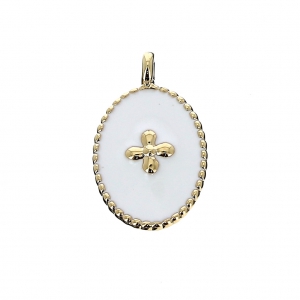 Oval charm with epoxy resin cross pattern 14x8.5 mm fine Gold plated /White x1