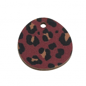 Wooden irregular round pendant leopard pattern 20 mm - burgundy/Brown x1