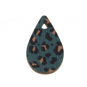 Wooden irregular drop pendant leopard pattern 23x15 mm - Green/Brown x1