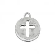 Round medal charm with a Cross pattern  13x16 mm Rhodium Tone x1