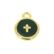 Round charm cross pattern with epoxy resin 10 mm fine Gold plated/Green x1