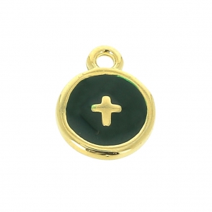 Round charm cross pattern with epoxy resin 10 mm fine Gold plated/Green x1