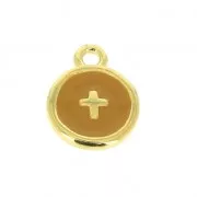 Round charm cross pattern with epoxy resin 10 mm fine Gold plated/Mustard x1