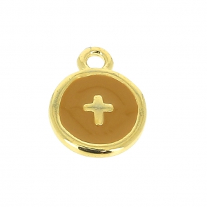 Round charm cross pattern with epoxy resin 10 mm fine Gold plated/Mustard x1