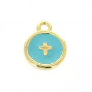 Round charm cross pattern with epoxy resin 10 mm fine Gold plated/Turquoise x1
