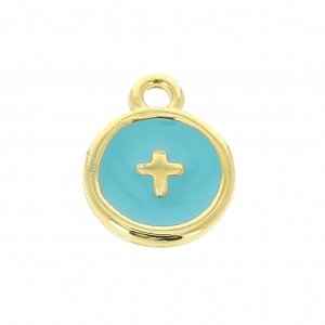 Round charm cross pattern with epoxy resin 10 mm fine Gold plated/Turquoise x1