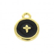 Round charm cross pattern with epoxy resin 10 mm fine Gold plated/Black x1|raw }}