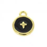 Round charm cross pattern with epoxy resin 10 mm fine Gold plated/Black x1