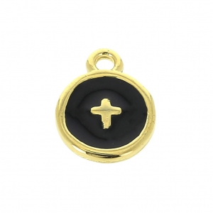 Round charm cross pattern with epoxy resin 10 mm fine Gold plated/Black x1