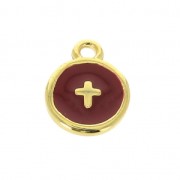 Round charm cross pattern with epoxy resin 10 mm fine Gold plated/Bordeaux x1