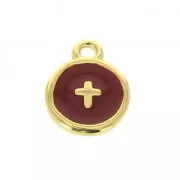 Round charm cross pattern with epoxy resin 10 mm fine Gold plated/Bordeaux x1