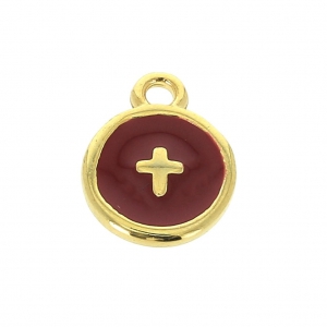 Round charm cross pattern with epoxy resin 10 mm fine Gold plated/Bordeaux x1