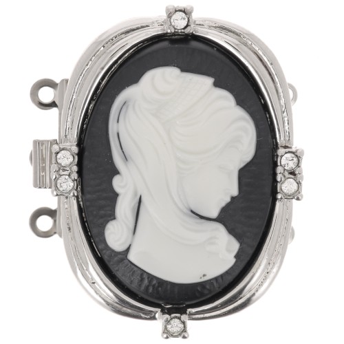 3 strands Rhodium plated black cameo clasp 25x30mm x1