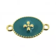 Spacer 2 loops with epoxy resin cross pattern 15x8.5 mm Gold Plated/Green Turq.