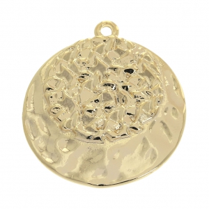 Brass hammered round pendant  - 2 textures - 24 mm Gold Tone x1