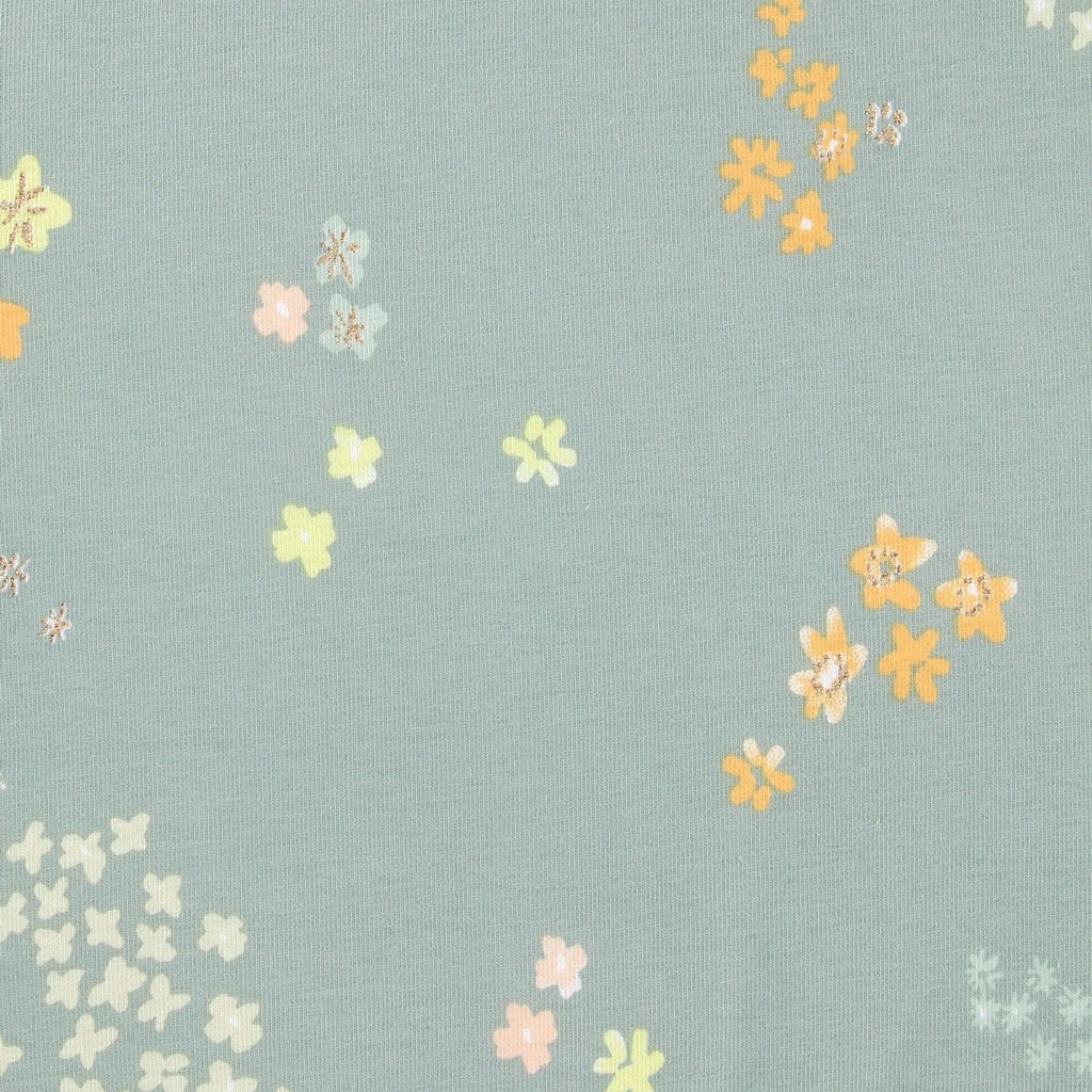 Jersey cotton fabric Crafted Nature Metalized flowers Green Grey