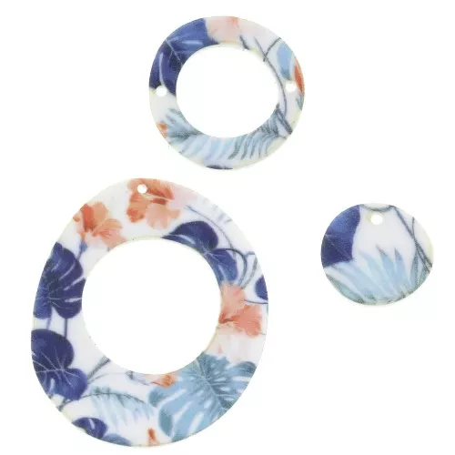Set of 3 spacers and asymmetrical pendants in plexiglass - Blue Flowers x1
