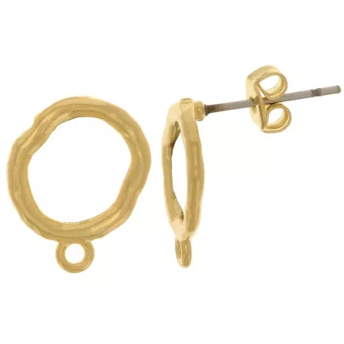 Round irregular hammered stud earrings 14x11mm Fine gold plated x2
