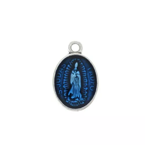 Oval medal charm religious patterns & epoxy resin 17x11 mm - Ant Silver/Blue x1