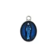 Oval medal charm religious patterns & epoxy resin 17x11 mm - Ant Silver/Blue x1