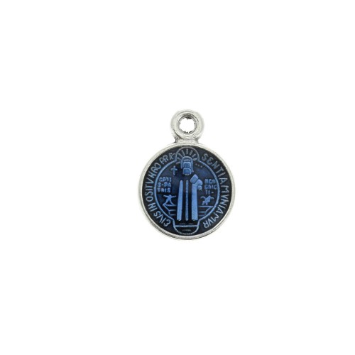 Round medal charm zamac/epoxy resin religious symbol 13x9mm Ant Silver/Blue x1