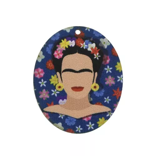 Wooden Mexican pattern oval pendant 45x37 mm - Blue/White x1