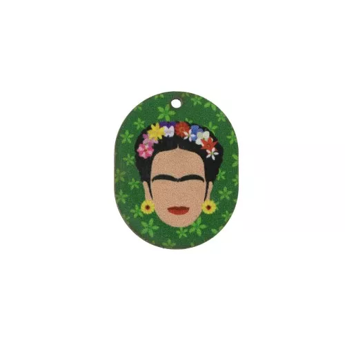 Wooden Mexican pattern oval pendant 30x24mm - Green/White x1