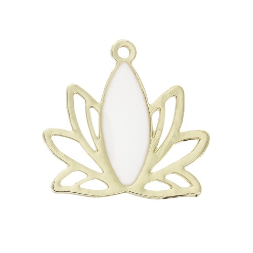 Brass water lily / lotus flower pendants 15x16 mm Gold / White x4