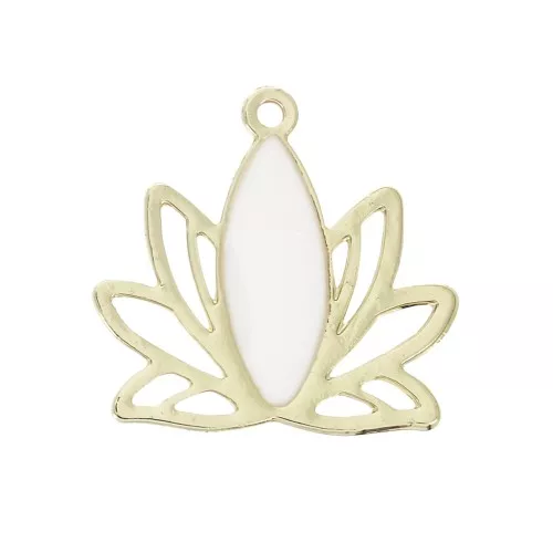 Brass water lily / lotus flower pendants 15x16 mm Gold / White x4