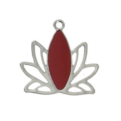 Lotus flower pendants in brass and epoxy resin 15x16 mm Silver / Dark red x4