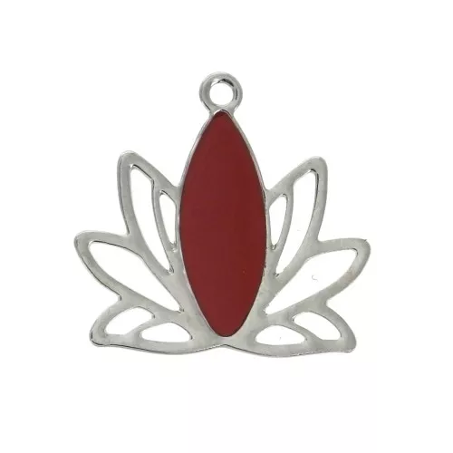 Lotus flower pendants in brass and epoxy resin 15x16 mm Silver / Dark red x4