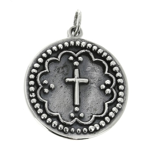 925 Sterling Silver Round medal pendant - Cross pattern 19.5 mm x1