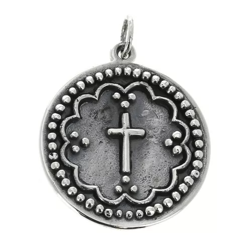 925 Sterling Silver Round medal pendant - Cross pattern 19.5 mm x1