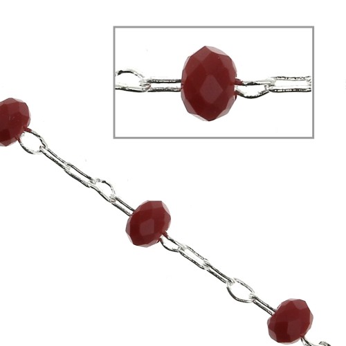 Chain with faceted glass bead 2.95 mm Silver Tone/Red Coral x1m