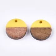 Round resin pendant imitation wood 15 mm - Yellow / Brown x1