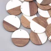 Round resin pendant imitation wood 49 mm - Ivory / Brown x1