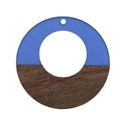 Round pendant - Earring hoop in wood imitation resin 38 mm Blue/Brown x1