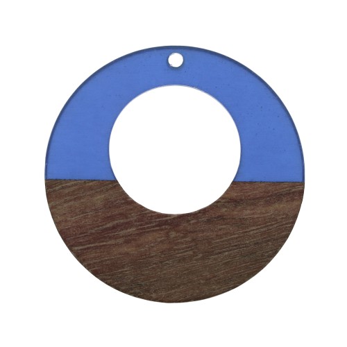 Round pendant - Earring hoop in wood imitation resin 38 mm Blue/Brown x1