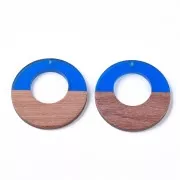 Round pendant - Earring hoop in wood imitation resin 38 mm Blue/Brown x1