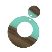 Round pendant - Earring hoop in wood imitation resin 38 mm Blue/Brown x1