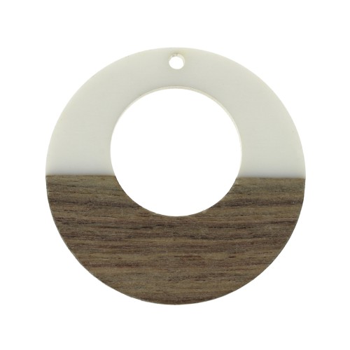 Round pendant - Earring hoop in wood imitation resin 38 mm Ivory/Brown x1