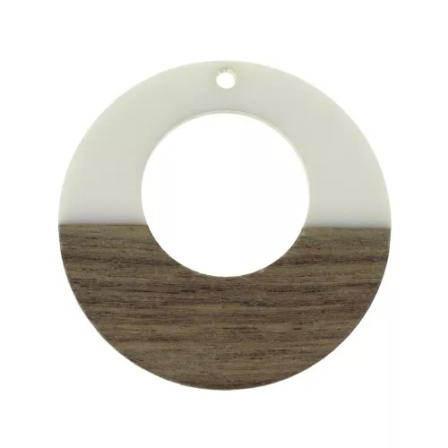 Round pendant - Earring hoop in wood imitation resin 38 mm Ivory/Brown x1