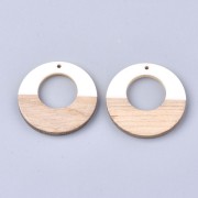 Round pendant - Earring hoop in wood imitation resin 38 mm Ivory/Brown x1