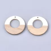 Round pendant - Earring hoop in wood imitation resin 38 mm Ivory/Brown x1