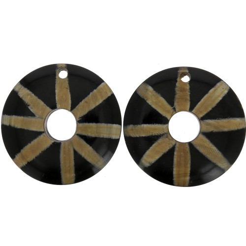 Ethnic horn pendants - round striped 51 mm Black / Brown x2